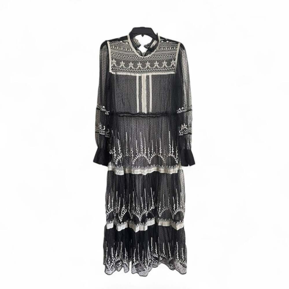 ZARA Black Tulle Lace Midi Dress Sheer Long Sleeve Embroidered Bohemian maiden